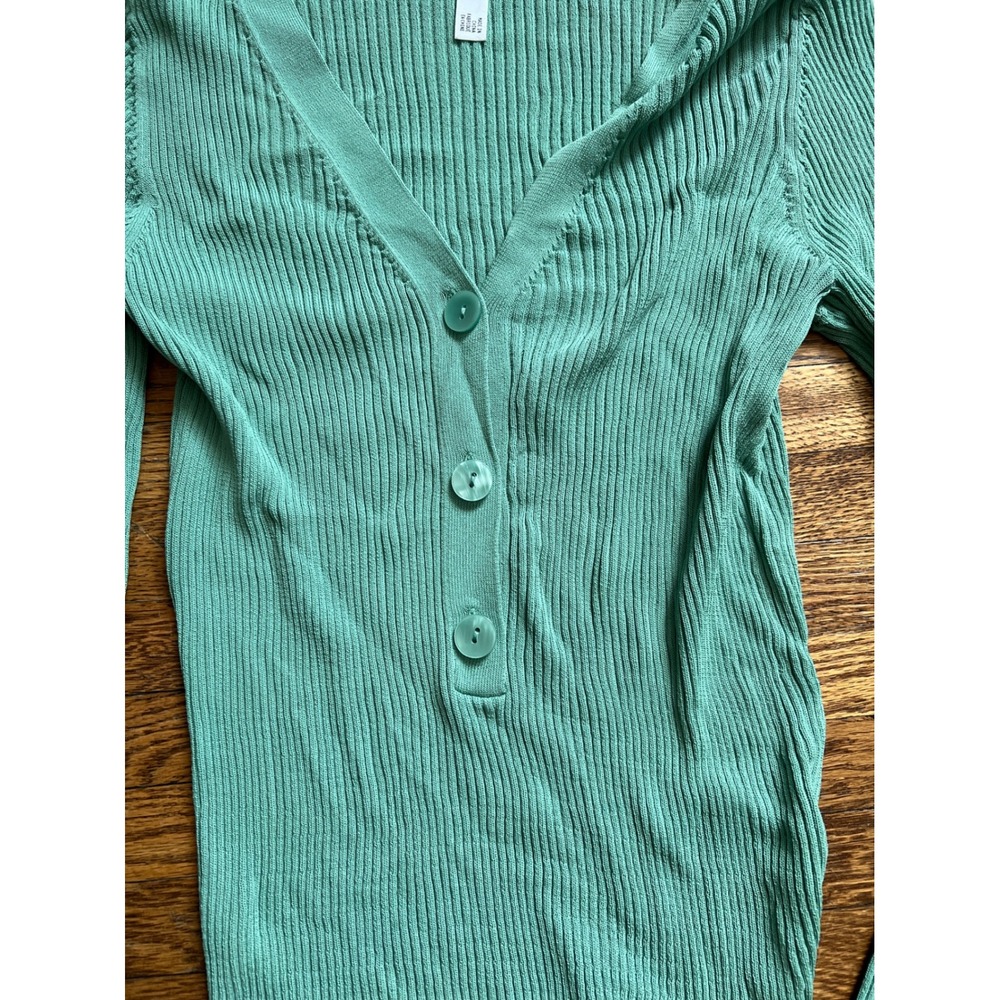 Leith Ribbed Stretchy Knit Long Sleeve V-Neck Henley Top Seafoam Green Small